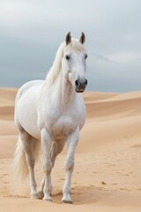 Obraz premium A majestic white horse stands proudly on the shore of a sunny beach