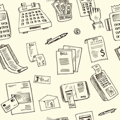 Billing hand drawn doodle seamless pattern. Vector illustration. Isolated elements on white background. Symbol collection.