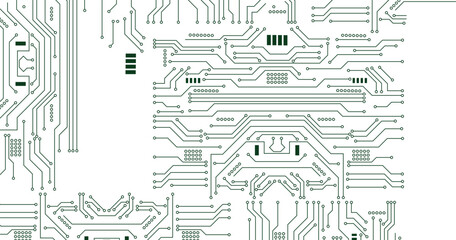 Green line and dots circuit board isolated on white background.