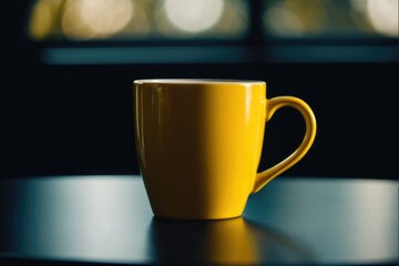 Fototapeta premium A bright yellow coffee cup sitting on a wooden table, perfect for capturing the essence of a morning pick-me-up or adding a pop of color to your design