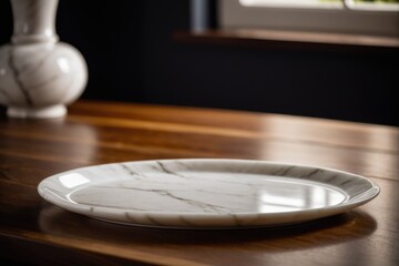 A simple white plate placed on a wooden table