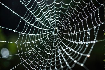 Naklejka premium Close-up of a spider web with dew drops, great for abstract or natural themes