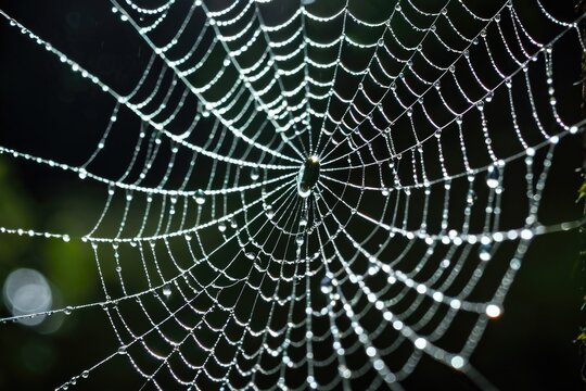 Close-up of a spider web with dew drops, great for abstract or natural themes