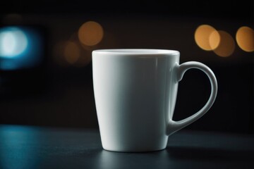 Obraz premium A single white coffee cup sits on top of a table, awaiting its first sip