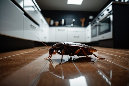 A cockroach found on the floor of a kitchen