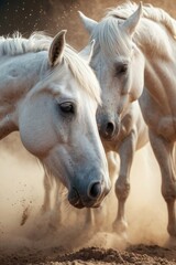 Obraz premium Two white horses running freely in a dusty terrain