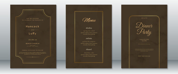 Elegant wedding invitation card set in brown and gold tones. Includes main invite, dinner party card, and wedding menu. Perfect for luxury weddings, formal events, and classic themed designs.
