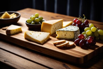 A wooden cutting board with a variety of cheeses and grapes on top, perfect for a snack or appetizer