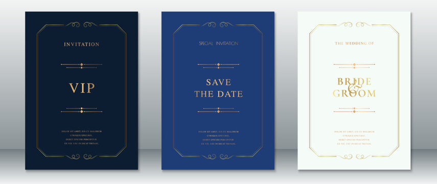 Luxury wedding invitation templates in navy blue, royal blue, and cream with elegant golden frames. Perfect for VIP cards, save the date designs, and formal wedding announcements.