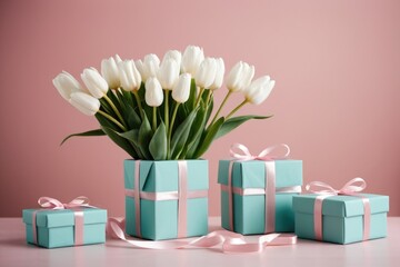 Obraz premium A beautiful arrangement of white tulips wrapped in a blue gift box, perfect for a wedding or romantic occasion