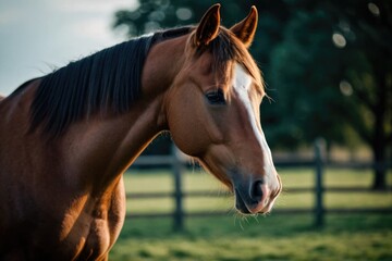 A close-up view of a horse grazing in a green field