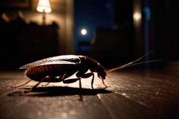 A single cockroach is seen crawling on a wooden floor in a dark room