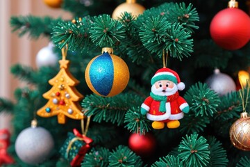 Fototapeta premium A festive Christmas tree decorated with colorful ornaments and lights, great for holiday season or winter-themed projects