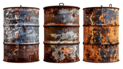 Highly detailed rusty metal barrels with weathered texture showing signs of age and wear, Isolated Transparent Background