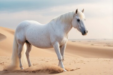 A white horse stands on the top of a sandy beach, with calm waves in the background