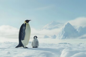 Obraz premium Emperor Penguin and Chick Standing in Snowy Wilderness 