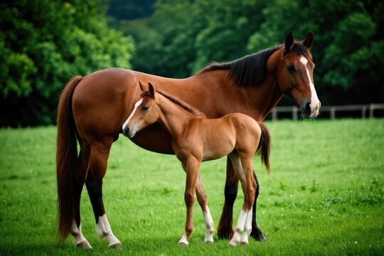 A brown horse stands next to its young foal in a green meadow