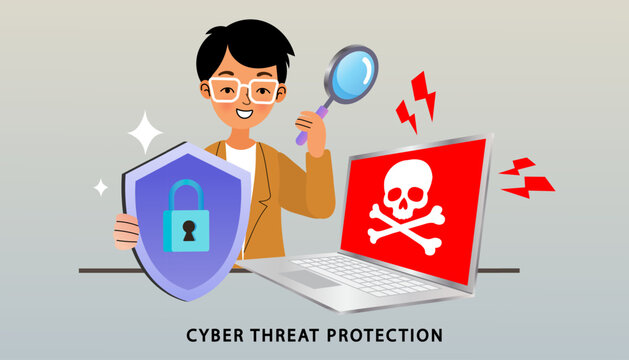 Cartoon-style flat illustration of a child with a magnifying glass looking at a virus symbol and security icon. Represents online threat protection, cybersecurity awareness.