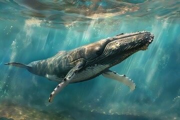 Fototapeta premium Humpback Whale Beneath the Ocean Light 