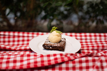 Brownie topped with vanilla ice cream and fresh mint garnish.