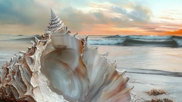 Large seashell resting on sandy beach with ocean waves and colorful sunset in the background