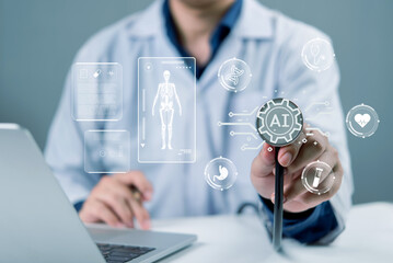 Doctor using AI-powered technology in healthcare, visualizing virtual medical data and diagnostics. Advanced artificial intelligence system supporting modern medical innovation and treatment.