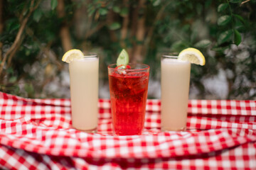Colorful summer drinks on a checkered cloth with greenery backdrop.