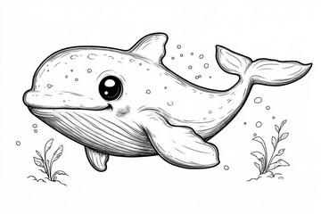 Fototapeta premium Adorable Cartoon Whale Illustration Line Art Drawing of a Cute Whale