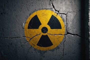 Fototapeta premium Warning sign with radioactive symbol on a worn-out concrete wall, ideal for use in industrial or post-apocalyptic settings