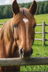 A brown horse stands beside a rustic wooden fence