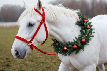 A festive white horse wearing a Christmas wreath on its head