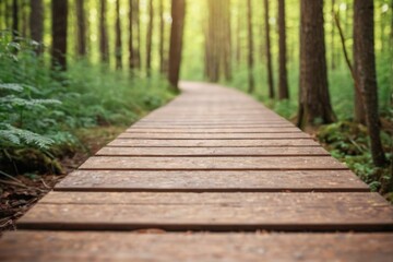 A wooden pathway in a dense forest, perfect for nature and outdoor photography