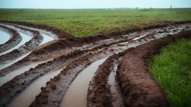A rural scene of muddy tracks carved across a green field after rainfall, creating a unique and visually compelling texture.