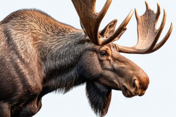 Close-up shot of a moose with large, impressive antlers