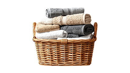 Obraz premium A wicker basket overflowing with rolled soft and fluffy towels of various neutral colors