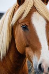 Obraz premium A close-up view of a brown and white horse's face, with a gentle expression