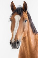 Naklejka premium A brown horse with a distinctive white stripe on its face, suitable for equestrian-themed projects or animal-inspired designs