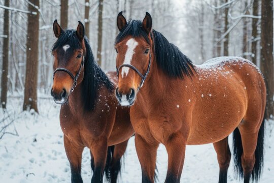 Two horses standing together in a snowy environment
