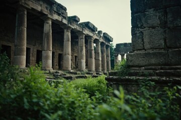 Fototapeta premium Row of stone pillars leading up to a building entrance, suitable for architectural or historical use