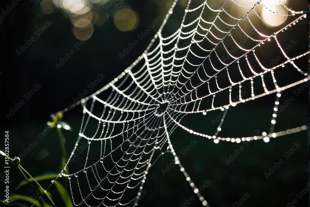 Wall mural a close-up of a spider web covered in water droplets, ideal for using as a background or adding text