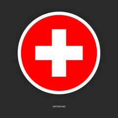 Switzerland circle flag icon with shadow on dark background. Switzerland button icon with white border isolated dark grey background	
