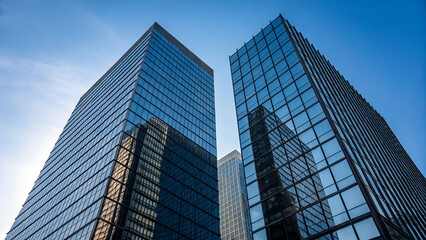 Modern Glass Skyscrapers Reflecting Blue Sky