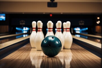 A bowling ball sits atop a bowling alley, ready for play