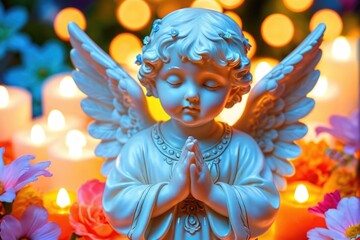 Fototapeta premium A statue of an angel praying surrounded by candles, suitable for use as a symbol of faith or spirituality