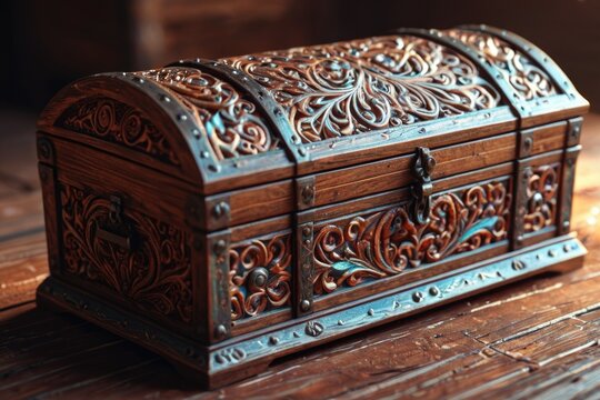 A wooden chest sitting on top of a wooden table, suitable for use in rustic or vintage-themed settings - Powered by Adobe
