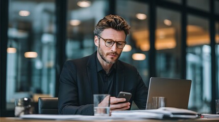 Obraz premium Businessman in Glasses Using Smartphone While Working Intently in Modern Office Environment