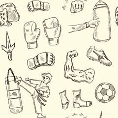 Strong hand drawn doodle seamless pattern. Vector illustration. Isolated elements on white background. Symbol collection.