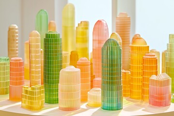 A whimsical collection of colorful, translucent architectural models resembling miniature skyscrapers and buildings