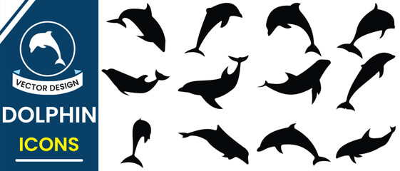 Dolphin vector, icon set. Silhouette of Dolphin vector. Fish icon, vector. Vector illustration. Set of vector silhouettes of water animals.
