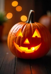 Fototapeta premium Close-up of a carved jack-o'-lantern pumpkin, with warm bokeh lights of fairy lights in the background, creating a festive Halloween mood. On a dark wooden surface. Halloween theme.